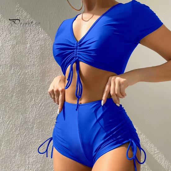 Sexy Bikini 2Pcs/Set Women Summer Set V-Neck Short Sleeve Tops High Bow Tie Swimsuit Waist Drawstring Swimming Trunks Solid Color Quick Drying