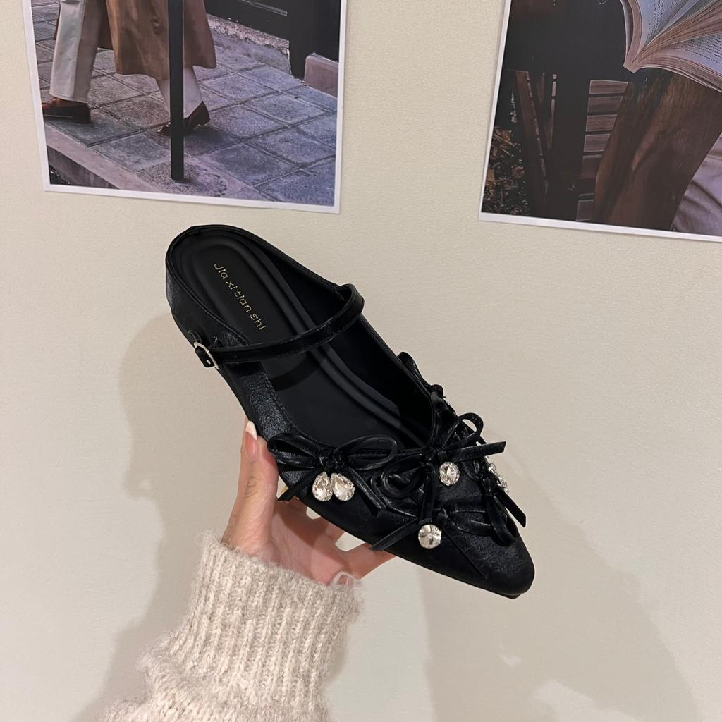 inner height increase 3CM French bow bag head half slippers women's shoes outer wear 2025 spring and summer silver rhinestone single shoes