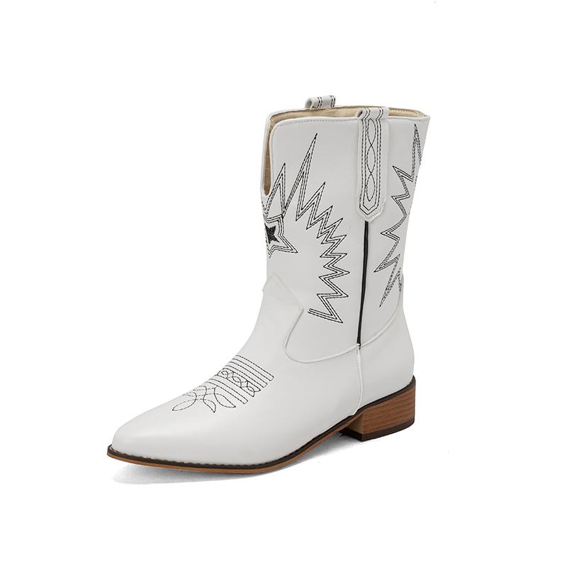 Embroidered Five-Star Women's Short Barrel Western Boots Artificially Embroidered Pointed Toe Plush Lining Slip-On Ankle Boots