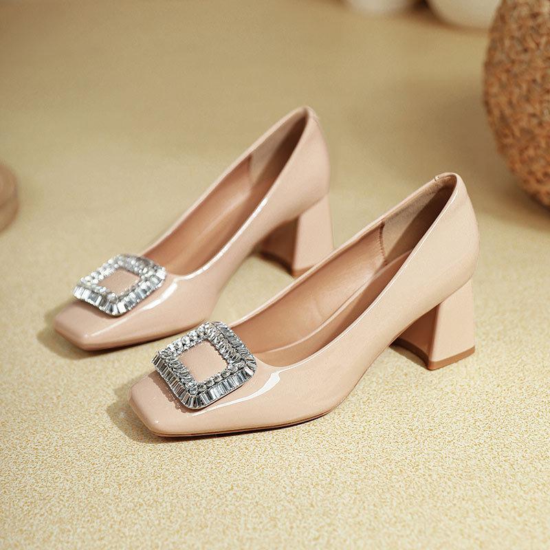 French thick heel light mouth single shoes spring and autumn red wedding shoes rhinestone square buckle nude square head high heels