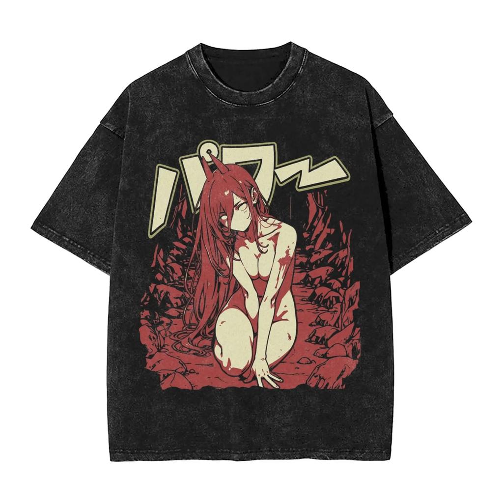 Makima Chainsaw Man Printed T-shirt Men Women Clothing Oversized Casual T Shirts Gothic Vintage Washed Pure Tops