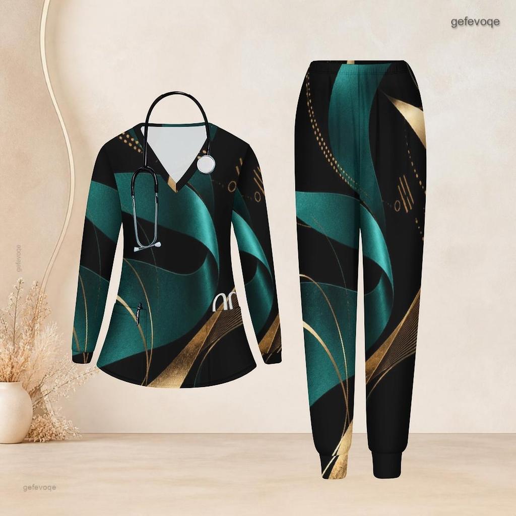 Women Plus Size Black Blue Printed Nurse Scrub Set V Neck Long Sleeve Pocket Top Long Pants