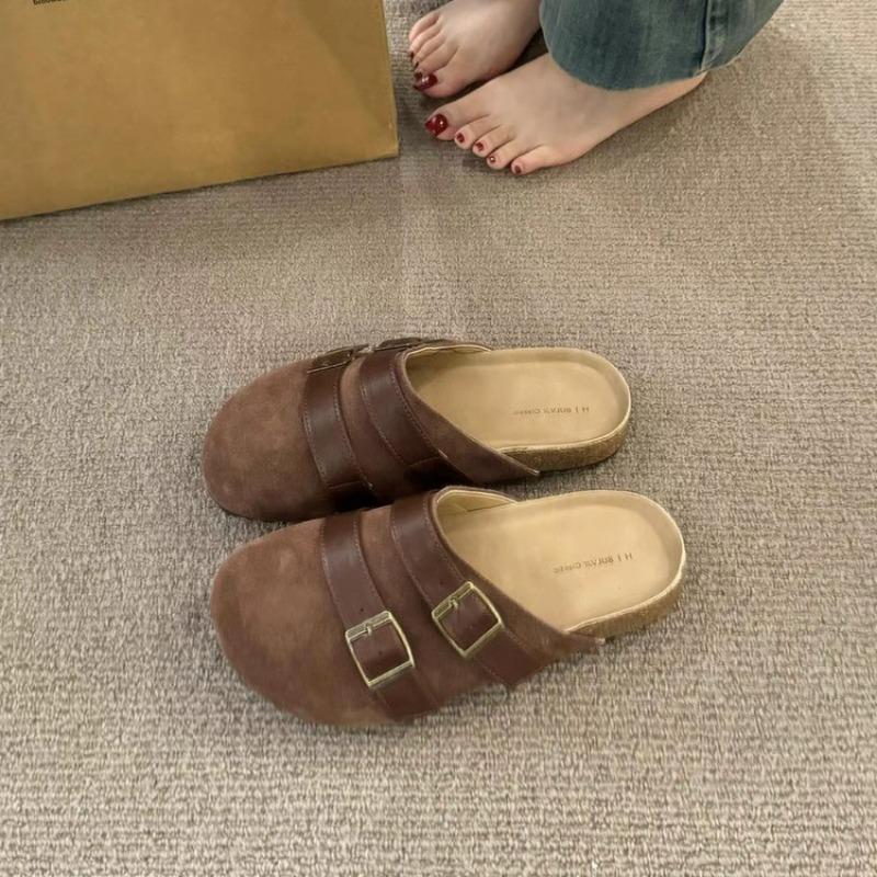 Fashion Women's Fashion Baotou Slippers Spring New Round Head Deep Mouth Suede Metal Buckle Anti-slip Wear-resistant Flat Shoes