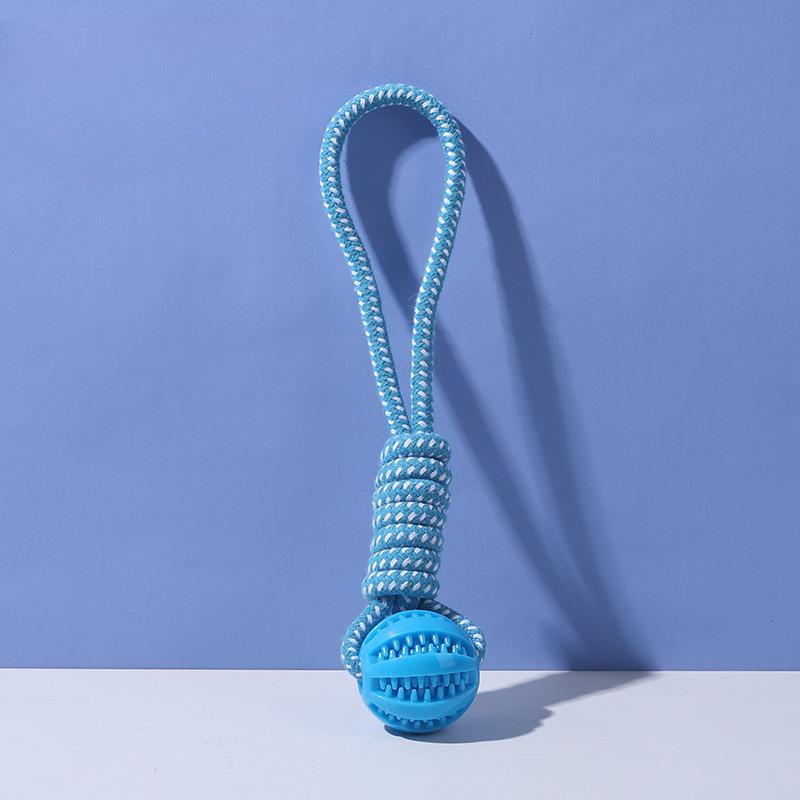 

Игрушки для собак Ручные тянущиеся мячи с отверстиями для корма Кусание Зубы Интерактивные игрушки для прятания еды Чистка зубов питомца и кусательные веревки синий