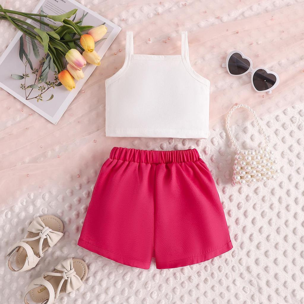 Girls' Casual Set Summer Children's Sweet Pink Letter Halter Top and Large Bow Culottes Set