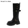 Winter Punk Stil Damen Kniehohe Stiefel Mode Gürtelschnalle Lange Stiefeletten Damen Casaul Plateauabsätze Botas Mujer
