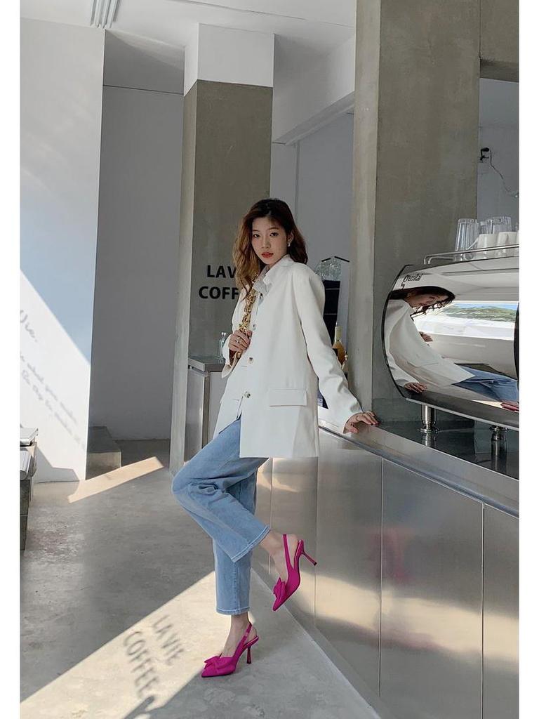 Women's Korean-Style Summer High Heel Sandals with Bowknot, Pointed Toe, Shallow Mouth, Back Strap, and Stiletto Heels