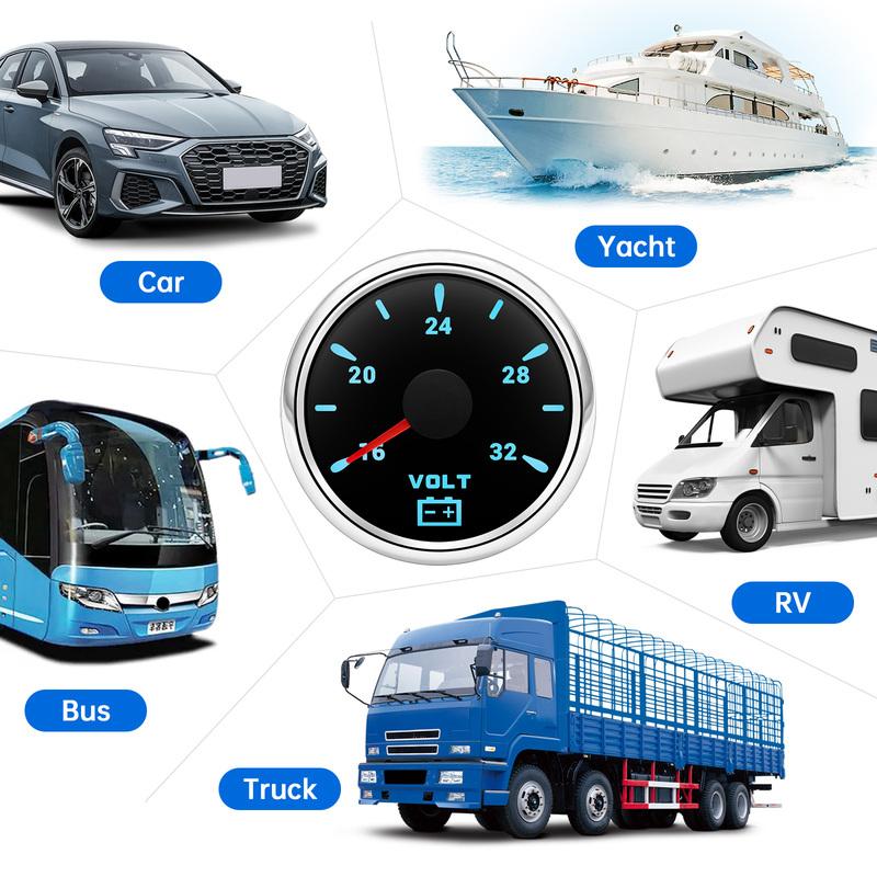 52mm Voltmeter 24V Electrical Car Truck Boat 16-32V with 7 Color Backlight 12V 24V for Car Boat Motorcycle Waterproof Volt Gauge