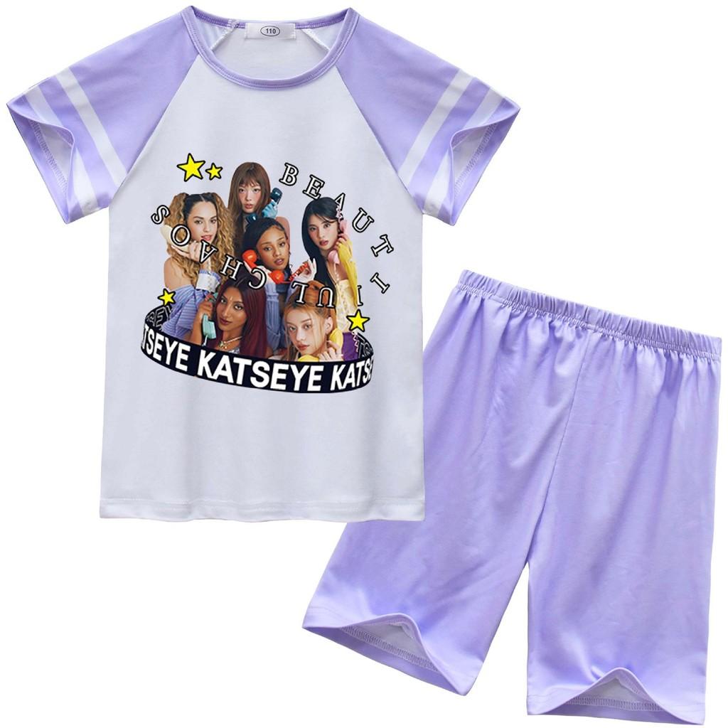 

92635 Kids Girls KATSEYE Pop Star Printed Short Sleeves Top Pants Pajamas Sleepwear Sets 150cm фіолетовий