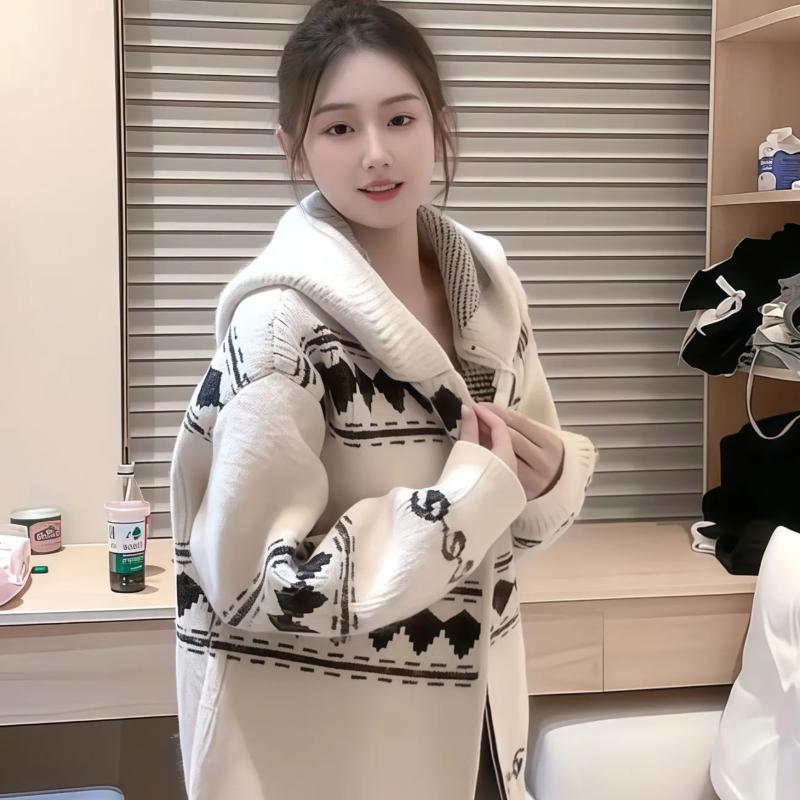 Lazy Style Retro Hooded Sweater Coat Autumn Winter New Korean Zipper Thickened Knitted Cardigan for Women