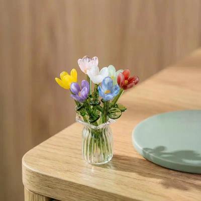 6/7Pcs Mini Lifelike Glass Flowers Simulation Flowers Handcrafted Floral Sculpture Floral Bouquet With Vase Home Decoration Gift