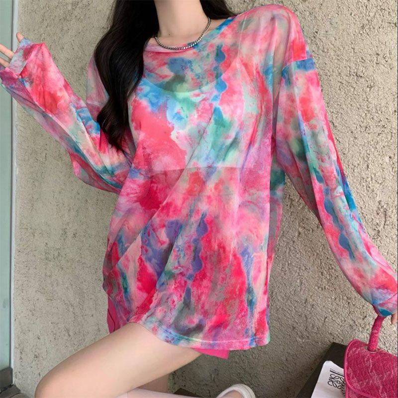 Tie-Dye Mesh Long-Sleeve T-shirt for Women Summer Thin and Semi-Sheer Sun Protection Top