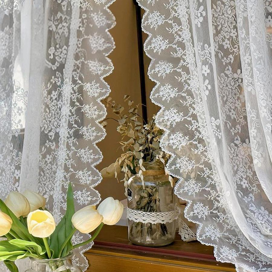 Franse Romantische Witte Kant Doorschijnende Gordijnen met Gerimpelde Kant, Kleine Raam Halve Gordijn Kamer Verdeler Deur Gordijnen 1Piece W100 x H120CM&Special Rod Pocket wit