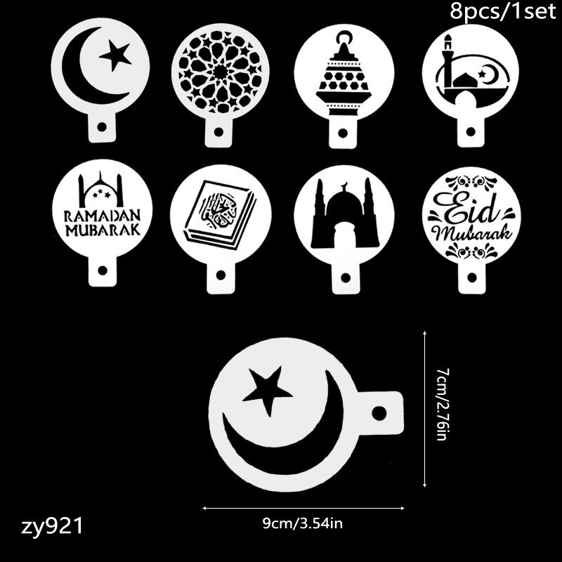 

8pcs Eid Mubarak Coffee Spray Stencils Cookie Biscuit Cake Mold 2025 Ramadan Mubarak Muslim Islamic Festival Party Decoration