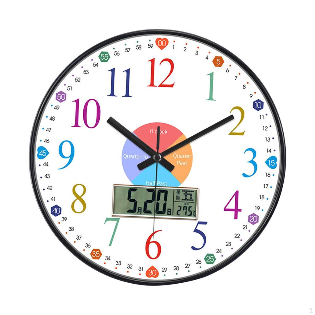 Kids Wall Clock 12" Colorful Teaching Time Easily Silent for Classroom Playroom