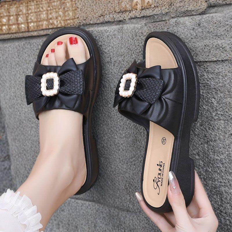 Summer Thick Sole Ladies Slippers Fashion Casual Bow Home Slippers Non-Slip Comfortable Sandals