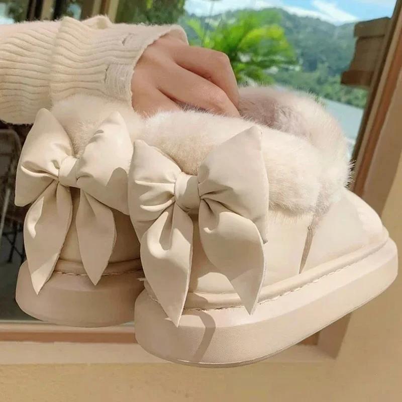 Stivali da neve da donna, invernali, caldi e spessi, alla caviglia, antiscivolo, con fiocco in pelliccia, scarpe in cotone, comodi, impermeabili, in peluche