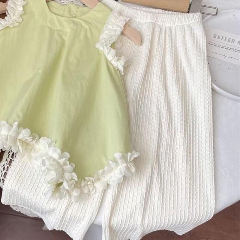 Adorable Girls Summer Clothing Set 2024 Newborn Princess Style Irregular Lace Top Pants,140cm/55.12in