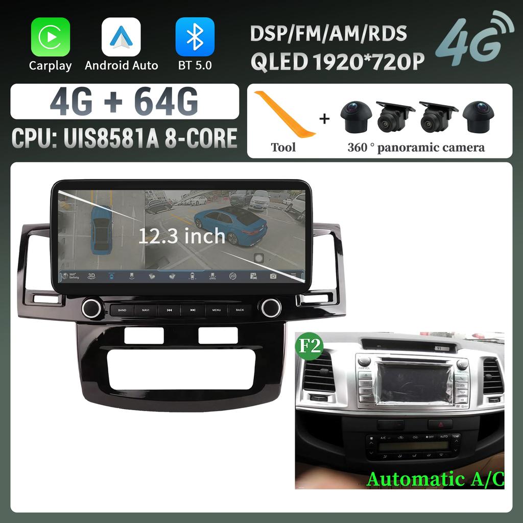 12.3″Car Radio Multimedia 4G GPS For Toyota Hilux 2005-2014 Android 14 Navigation Wireless Carplay Bluetooth Touch Screen