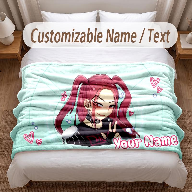 Kpop Demon Hunters Printed Flannel Blanket Custom Name Text Soft Warm Throw For Bedroom Holiday Gift