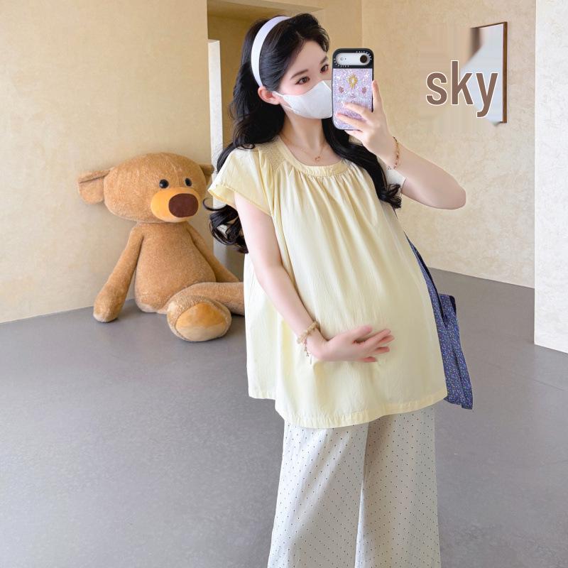 2026 Stylish Maternity Set: Doll Shirt & Polka Dot Pants 2XL