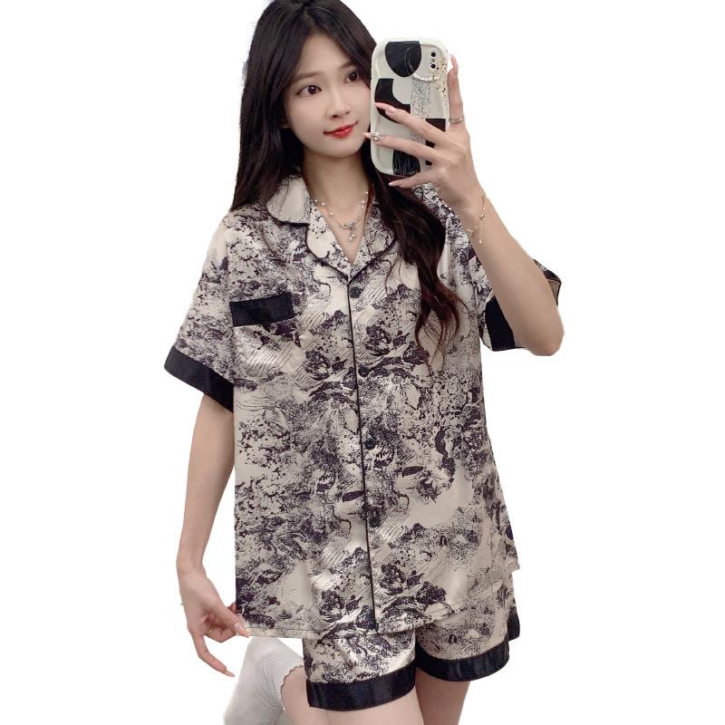 Summer High-End Ice Silk Short-Sleeved Women'S Pajamas, National Style Ink Painting, Casual Loungewear Two-Piece Set