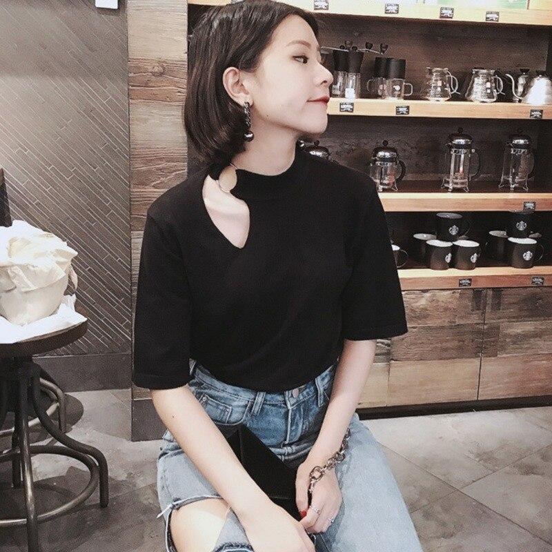 Women's Summer Black T-shirts Hollow Out Short Sleeve Female T-Shirt O Neck Beauty Lady Top Party Everydays Clothing