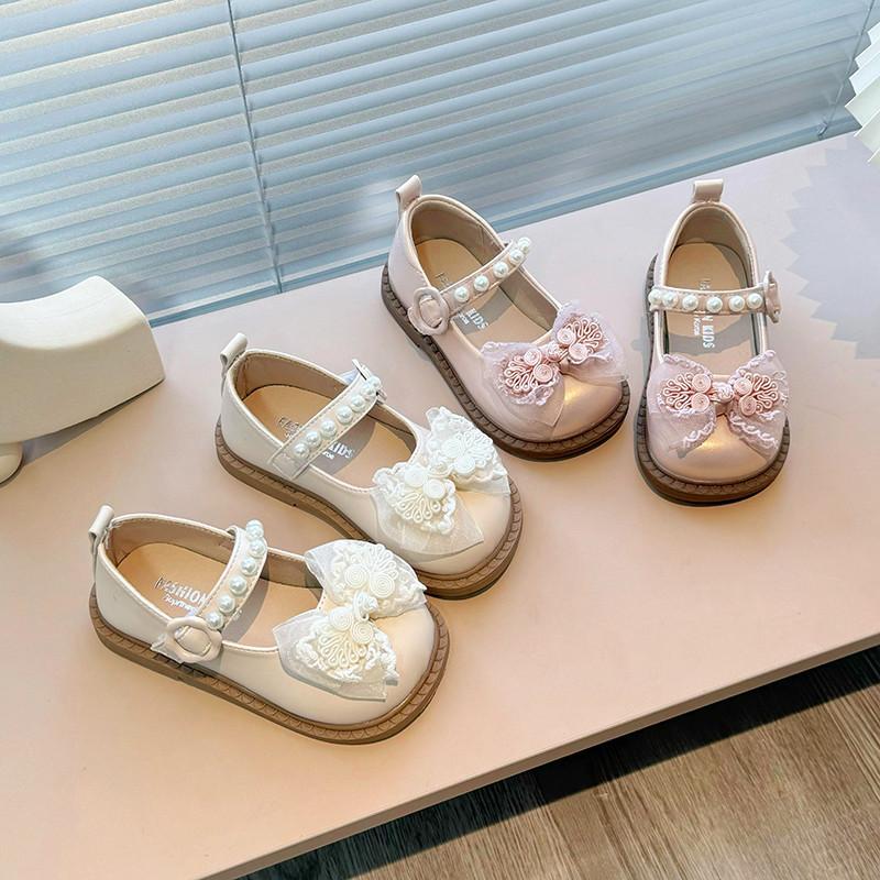 Girls Leather Shoes for Party Wedding Kids Fashion Pearls Sweet Princess Shoes with Mesh Bow-knot Children Mary Janes Shoes