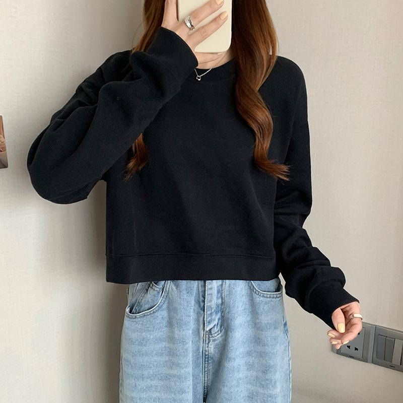 Spring Autumn Korean Minimalist Solid Loose Cropped Long Sleeve Round Neck Hoodie Women Student High Waist Top