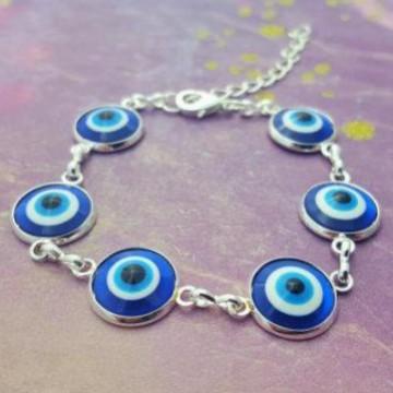 Personality Gothic Punk Blue Evil Eye Silver Color Chain Bracelet for Woman Men Mysterious Jewelry Accessories Not Allergic Gift
