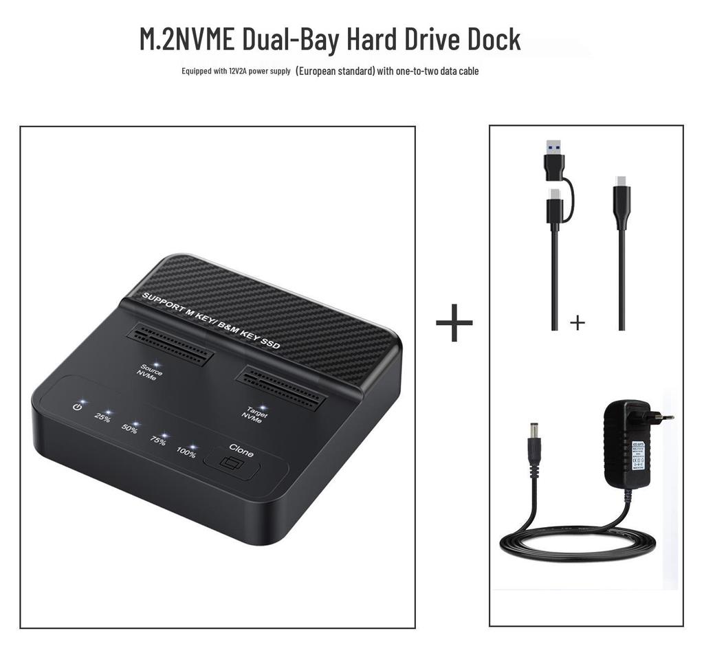 Dual-Bay NVMe M.2 SSD Enclosure with Clone and Read Functionality