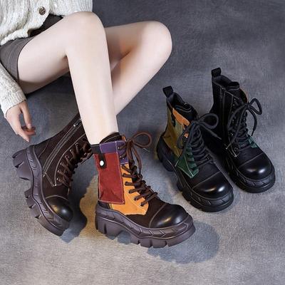 Mixed Colors Thick Heel Women's Boots Round Toe Side Zipper Genuine Leather Mid-calf Boots