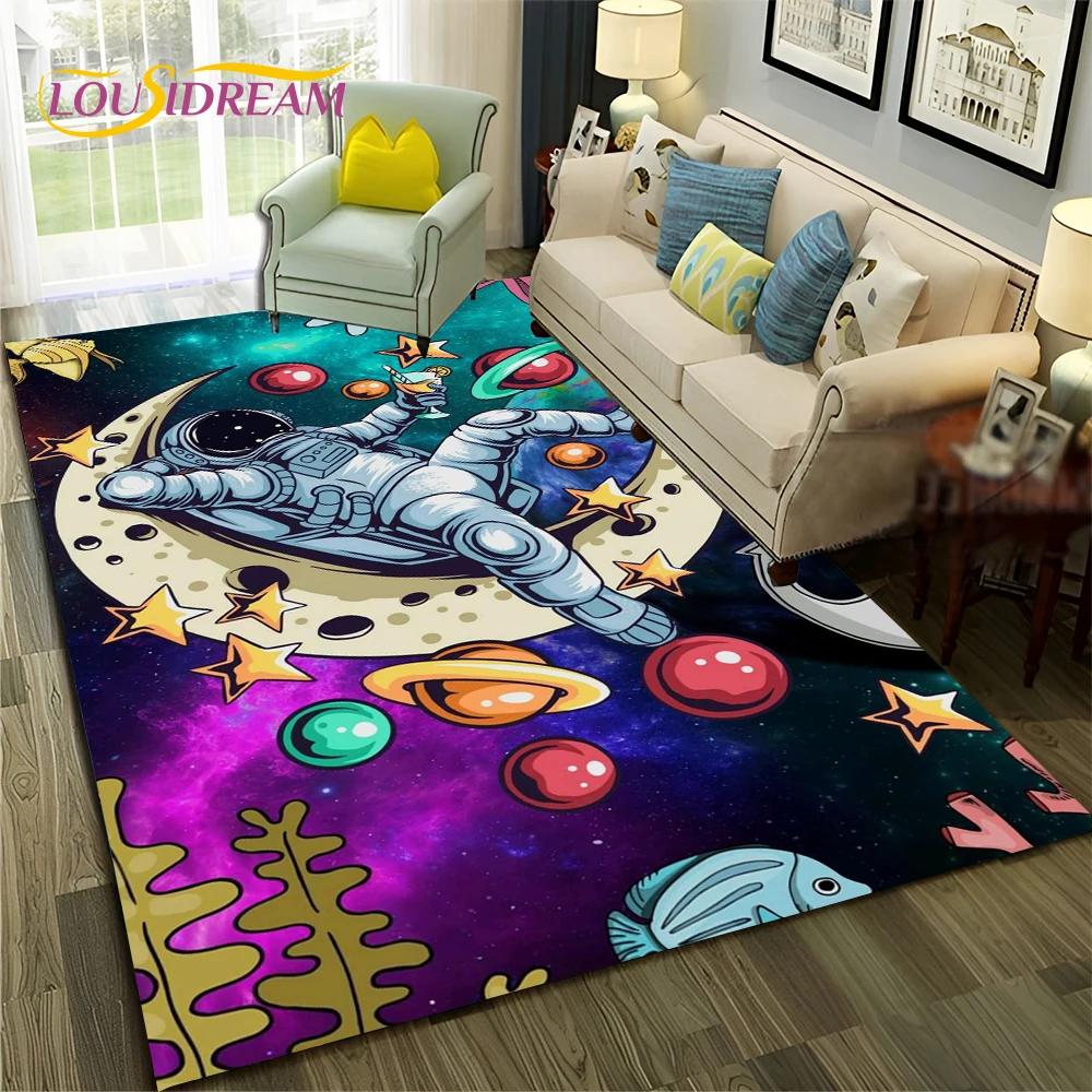 Outer Space Astronaut Planet Cartoon Carpet Rug for Home Living Room Bedroom Sofa Doormat Decor,Kid Area Rug Non-slip Floor Mat