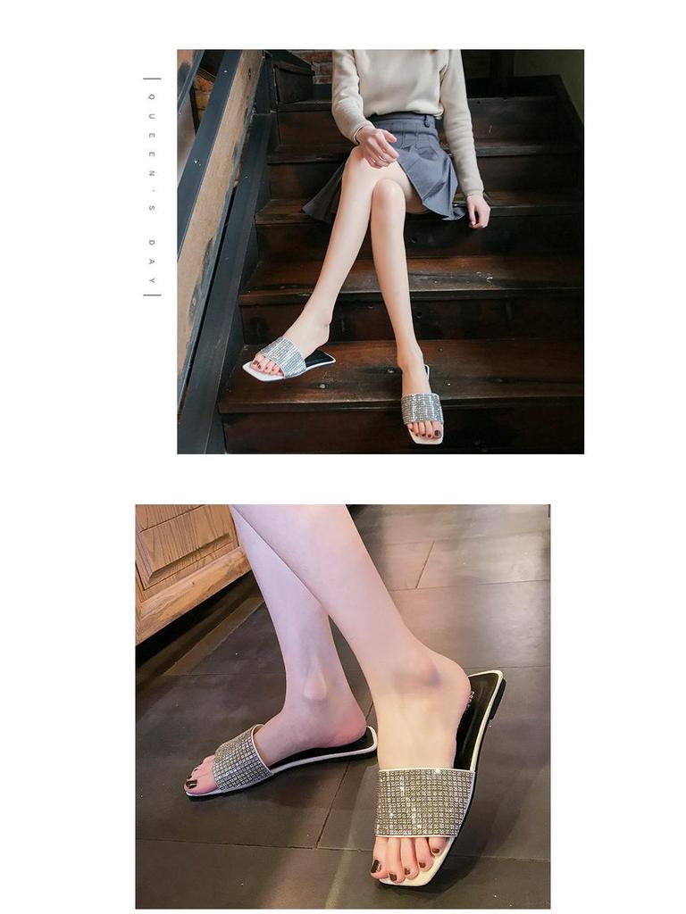 Women's Summer 2019 Rhinestone Flat Sandals - Trendy Korean-Style One-Line Slippers