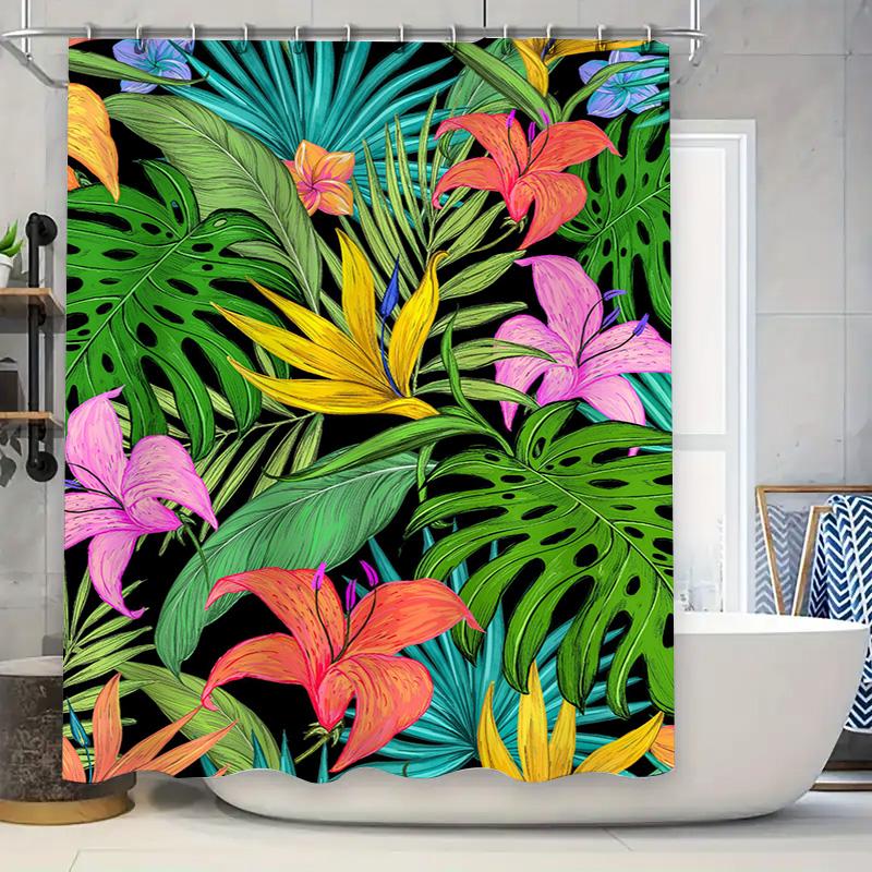 Tropical Leaves Shower Curtain Greenery Floral Design in Pink, Yellow, Orange Red Waterproof Fabric for Bathroom Decor Modern Ho 90x180cm