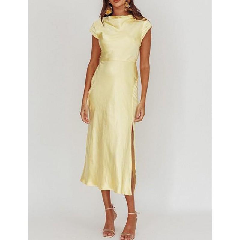 Elegant Satin Solid Color Off-Shoulder Midi Dress With Back Twist Knot Detail