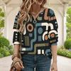 Women Plus Size V Neck Front Zip Sweatshirt Long Sleeve Ribbed Cuffs Geometric Printed Blue White