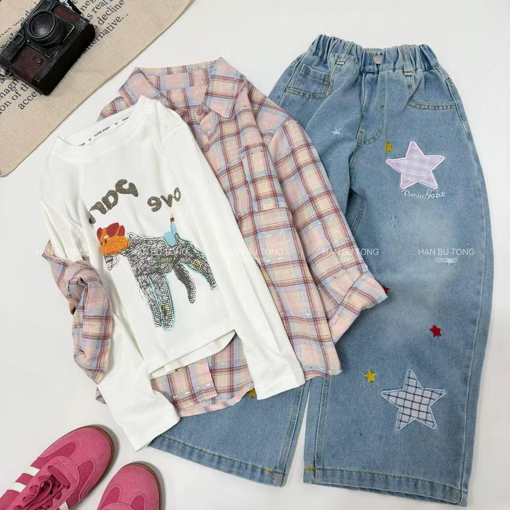 Girls' Plaid Shirt & Star Jeans Set - Stylish Korean Spring/Autumn Wear 2026