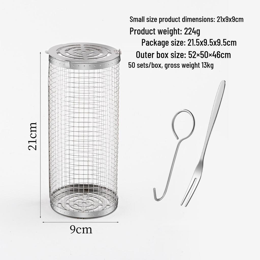 Outdoor BBQ Rolling Grill Basket, 304 Stainless Steel Barbecue Cylinder Net Cage.