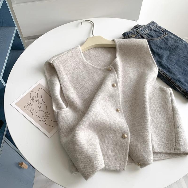 

Осенний женский кардиган корейский элегантный вязаный безрукавный женский повседневный свитер тонкий женский повседневный топ One Size слоновая кость