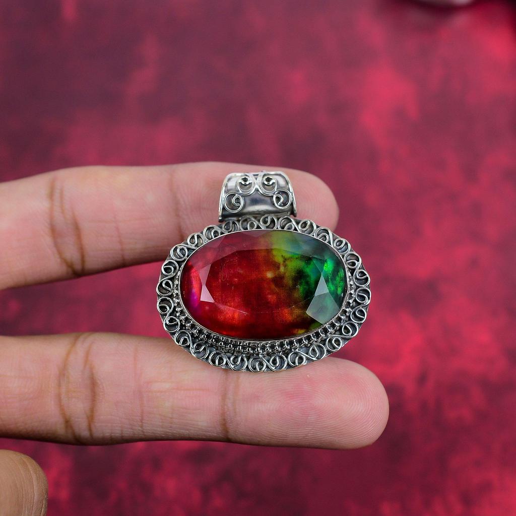 Ammolite Gemstone 925 Solid Sterling Silver Handmade Dainty Jewelry Pendant, Handmade Pendant Gemstone Jewelry For Thanksgiving