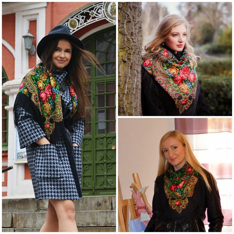 135*135Cm Women Russian Square Scarf Luxury Floral Print Bandana Scarves Babushka Handkerchief Fringed Blanket Shawl Head Wraps