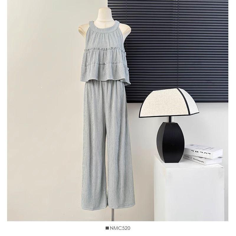 

Женский комплект из двух предметов в корейском стиле, лето 2024 г.: Топ без рукавов с круглым вырезом и свободные прямые брюки с высокой талией L [Recommended for 106-115 jin]