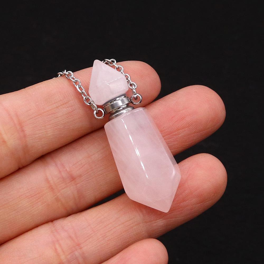 1pc Colgante Collar Botella de Perfume de Piedra Natural Acero Inoxidable Aromaterapia Aceite Esencial con Piedra Cuarzo para Mujer