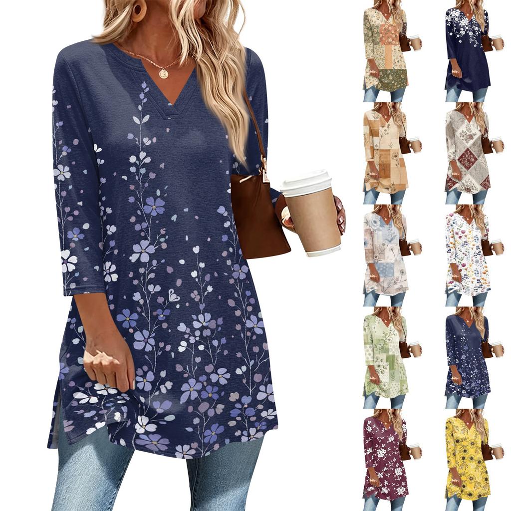 Womens Casual V Neck 34 Sleeve Pullover Tunic Top Floral Print Loose Fit Mid Length Blouse for Daily Wear