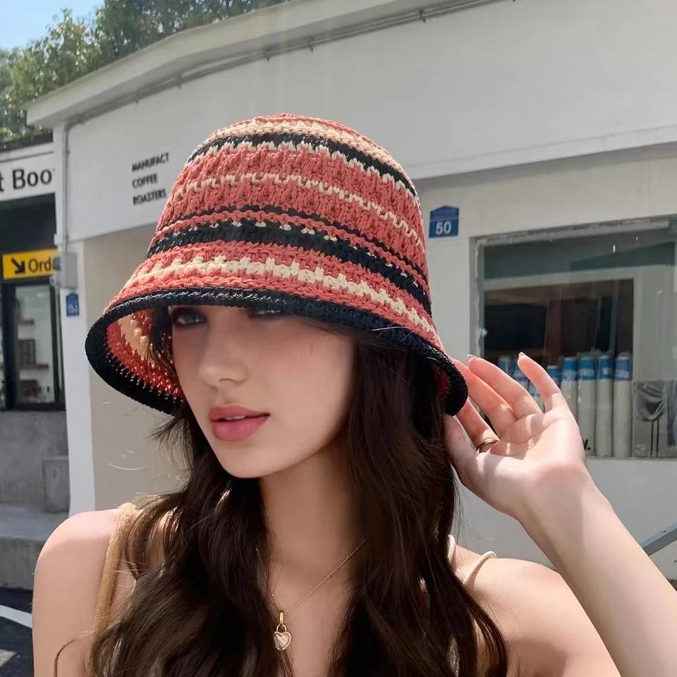 2025 New Colorful Stripe Knitted Bowl Hats for Women's Casual Versatile Korean Decoration Foldable Sun Visor Hat Bucket Hat