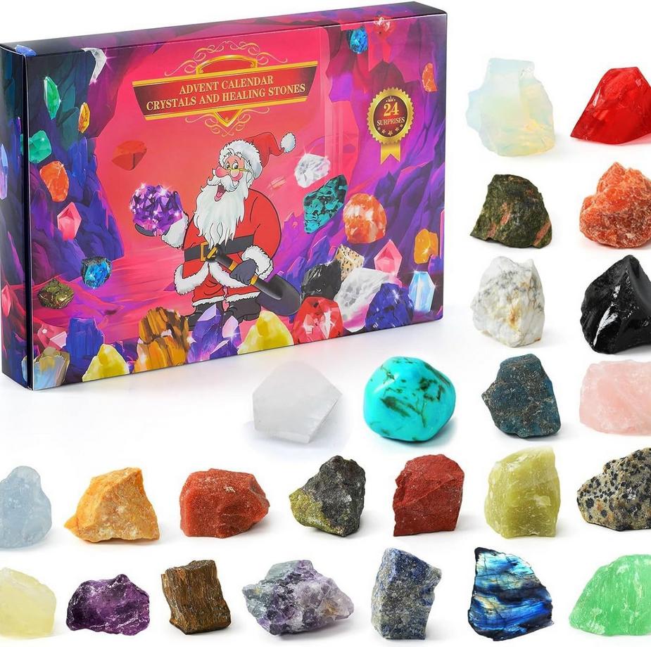 Christmas Advent Calendar With 24 Natural Crystal Agate Stones Minerals Fossils Surprise Blind Box For Kids Geological Learning Collection