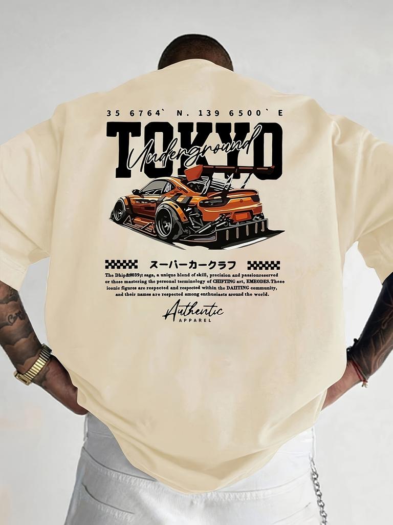 Men's Tokyo Pattern T-shirt - Back Printed Drift Racing Design Street Style Shirt Anime Theme Top Car Illustration Shirt