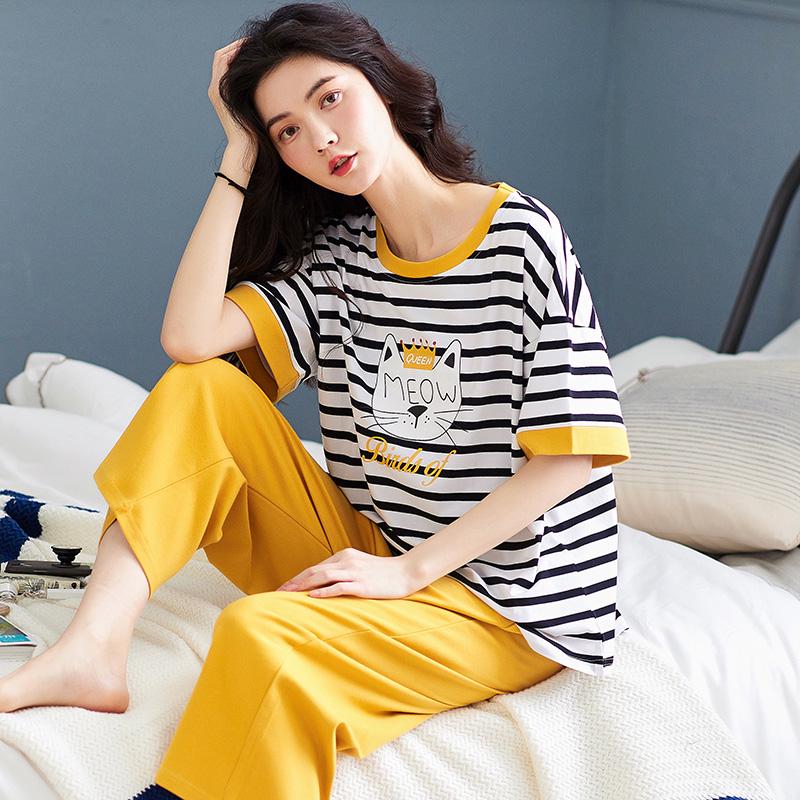 Aifen Teng Women's Summer Cotton Pajama Set: Short Sleeve Top & Three-Quarter Pants, Plus Size, All Cotton