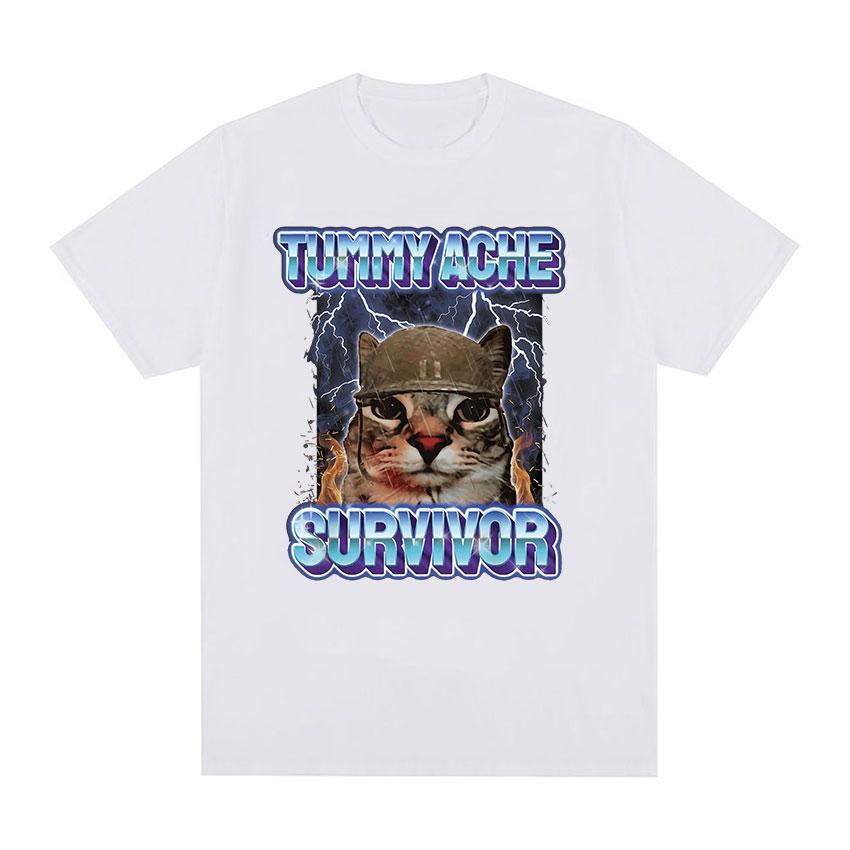 Vintage Tummy Ache Survivor Funny Cat Meme Tee Shirt Men Women Clothing Fashion Short Sleeve T-shirt Casual Pure Cotton T Shirts